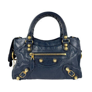 Balenciaga Giant City Leather Crossbody Shoulder Bag Navy Blue Gold